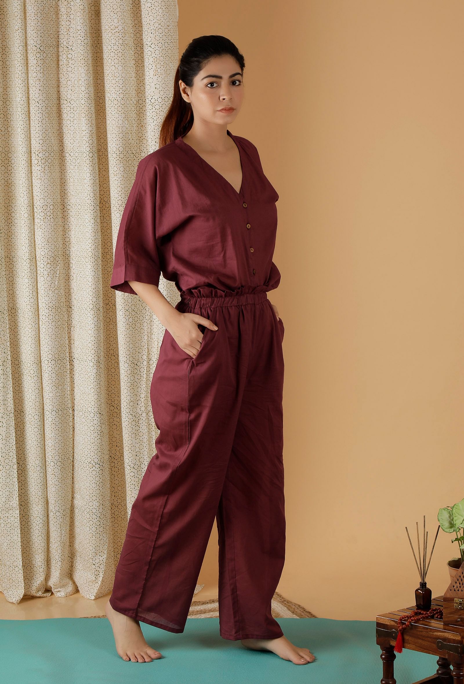 Wine Crinkled Button Down Shirt With Pants Casual CoOrd  ADFYSNCRS587   Cilorycom