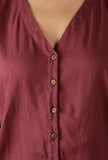 Mulmul Cotton Plum V Neck Button Down Shirt