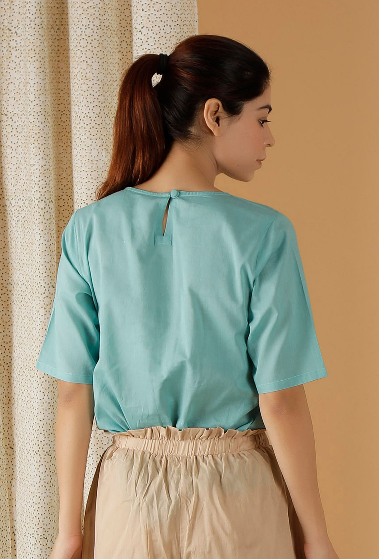 Mulmul Cotton Solid Turquoise Blue Top