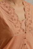 Set Of 2: Peach Cotton Schiffli Front Button Dress & Bustier Crop Top