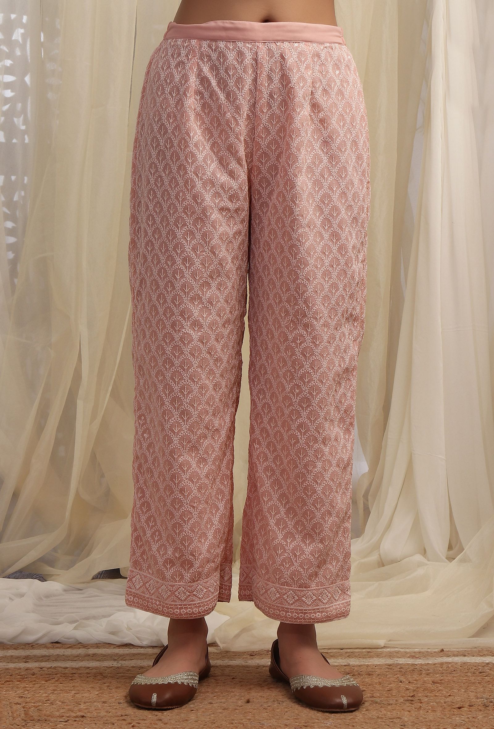 Bermuda Peach Straight Pants With Sequin Embroidery