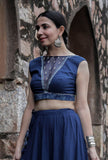 Roshni Indigo Blue Organza & Print Patched Zari Embroidered blouse