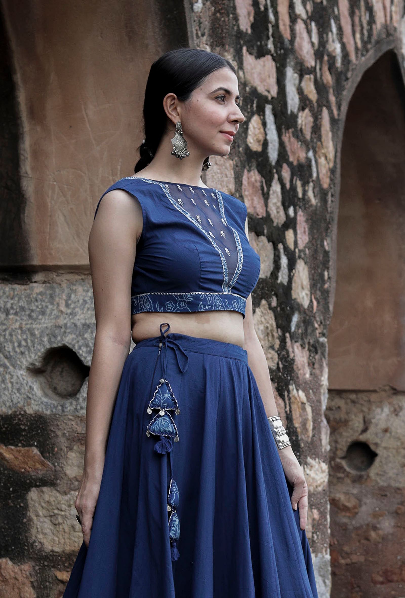 Roshni Indigo Blue Organza & Print Patched Zari Embroidered blouse