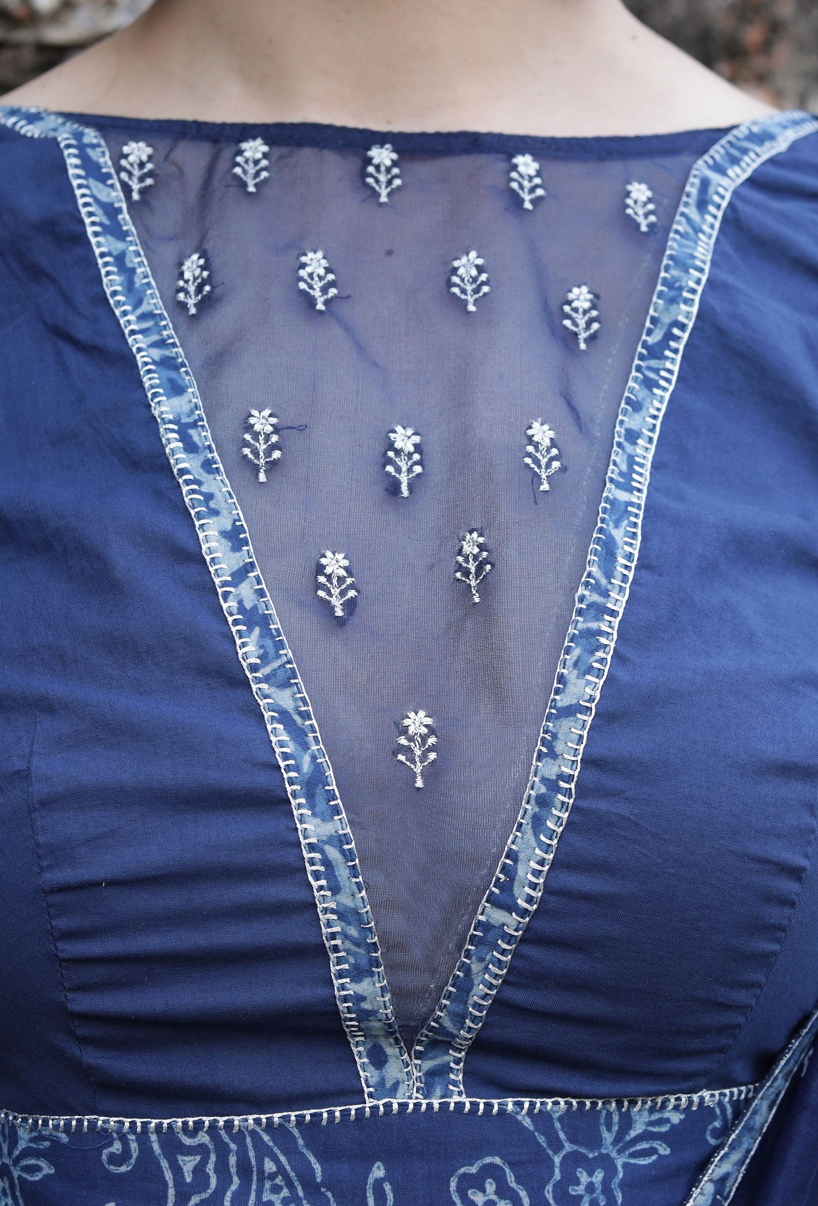 Roshni Indigo Blue Organza & Print Patched Zari Embroidered blouse