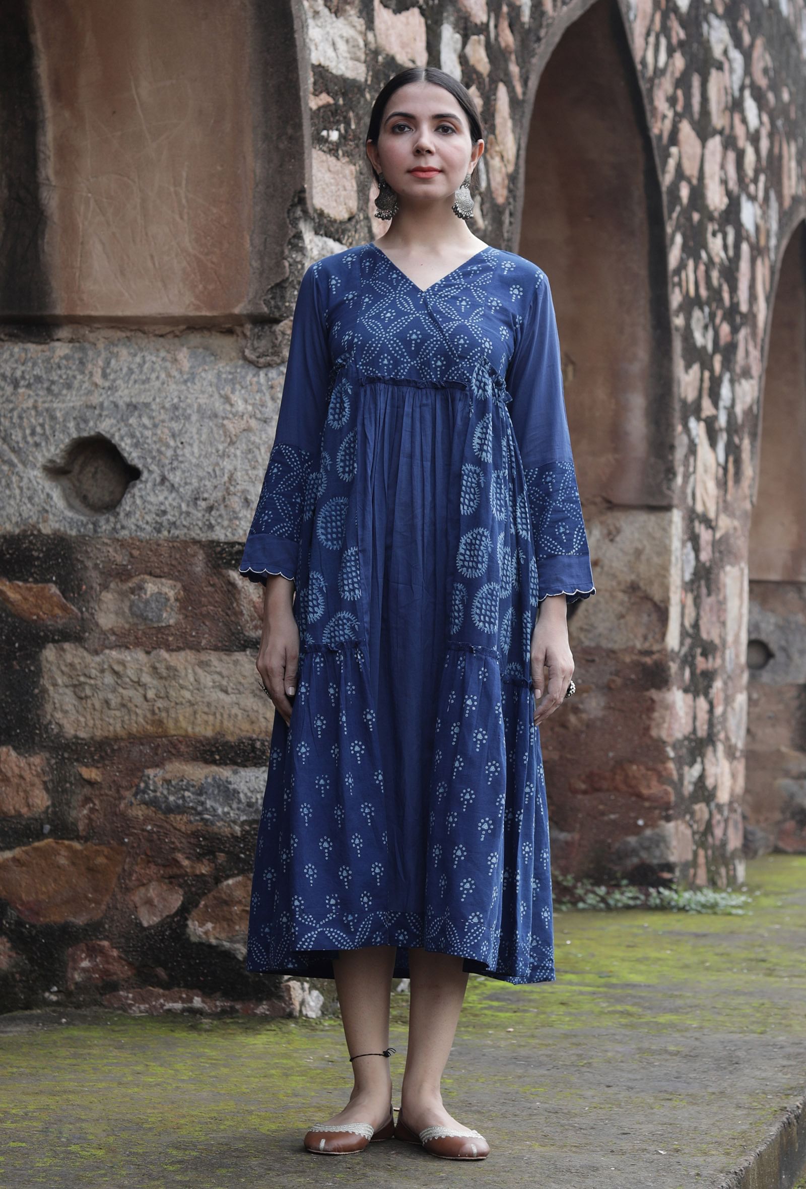 Konalaka Indigo Cotton Hand Block Printed Tiered Kurta Dress – TJORI