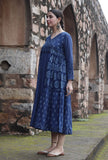 Konalaka Indigo Cotton Hand Block Printed Tiered Kurta Dress