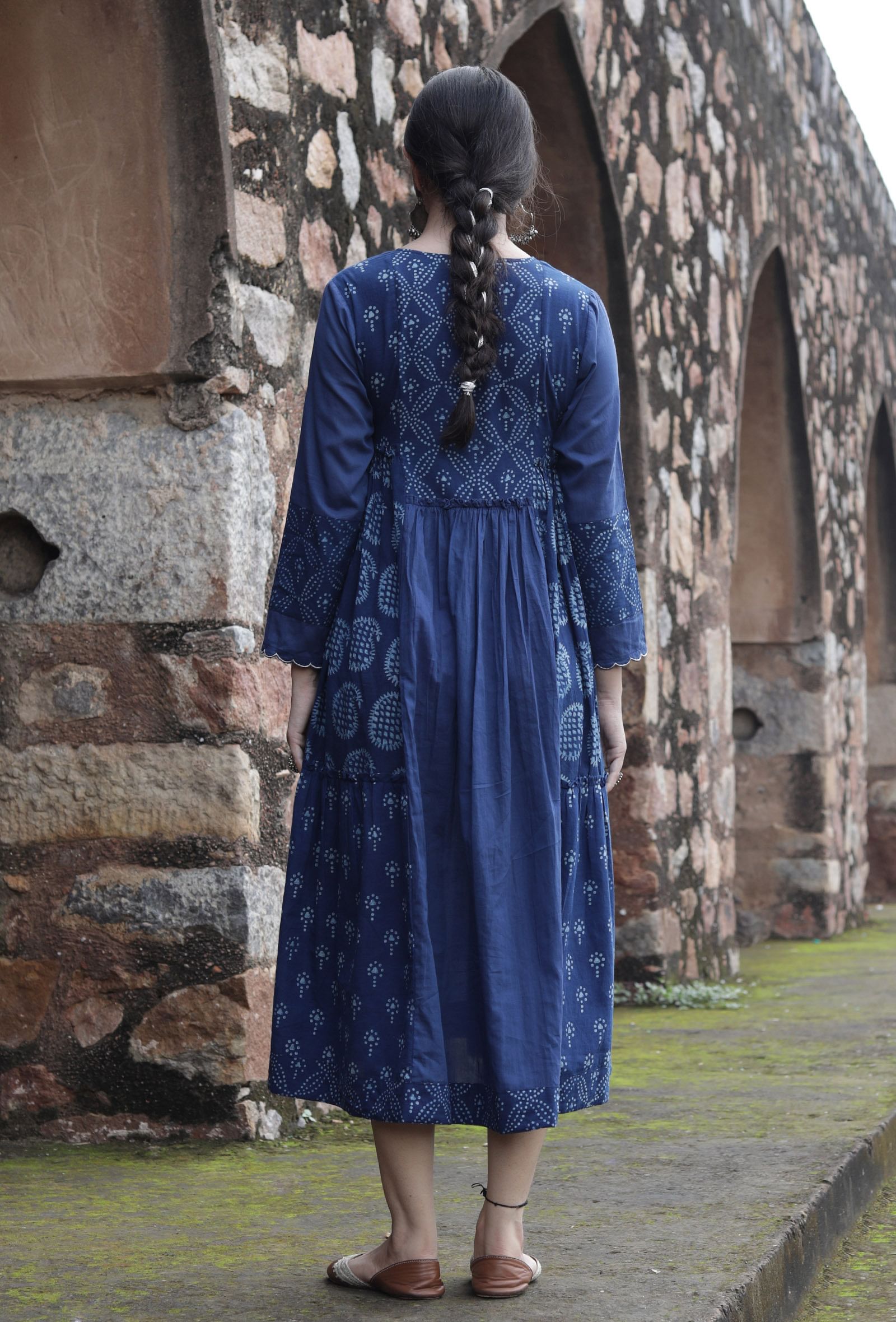 Konalaka Indigo Cotton Hand Block Printed Tiered Kurta Dress – TJORI