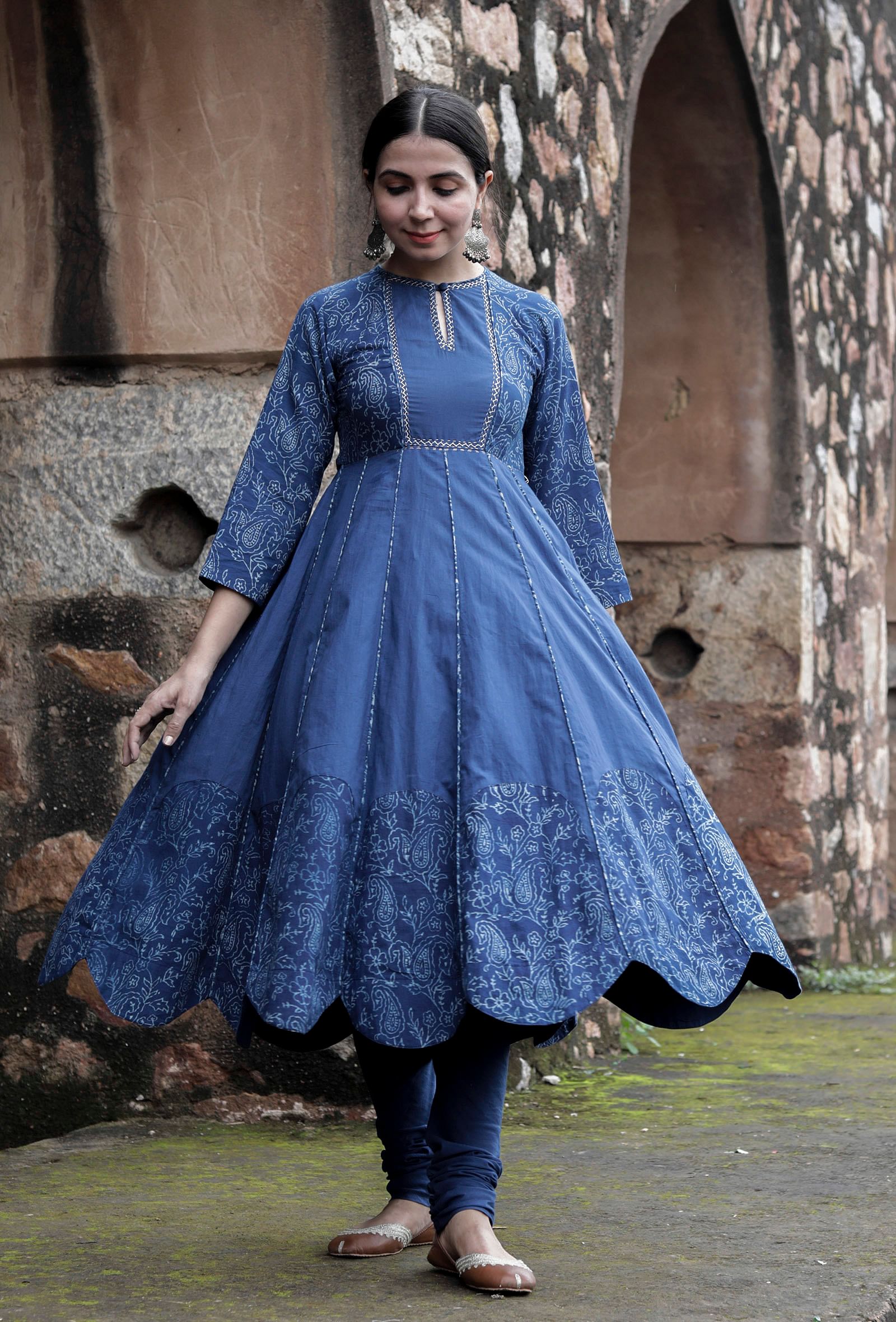 Set Of 2:Churni Indigo Cotton Kalidar Kurta Dress & Churidar – TJORI