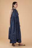 Harshita Indigo Jaal Print Bandhgala Front Gathered Kurta Dress