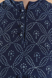 Harshita Indigo Jaal Print Bandhgala Front Gathered Kurta Dress