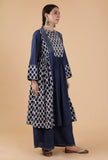 Vinita Indigo Buta Printed Panelled Gathered Kurta With Zari Embroidery