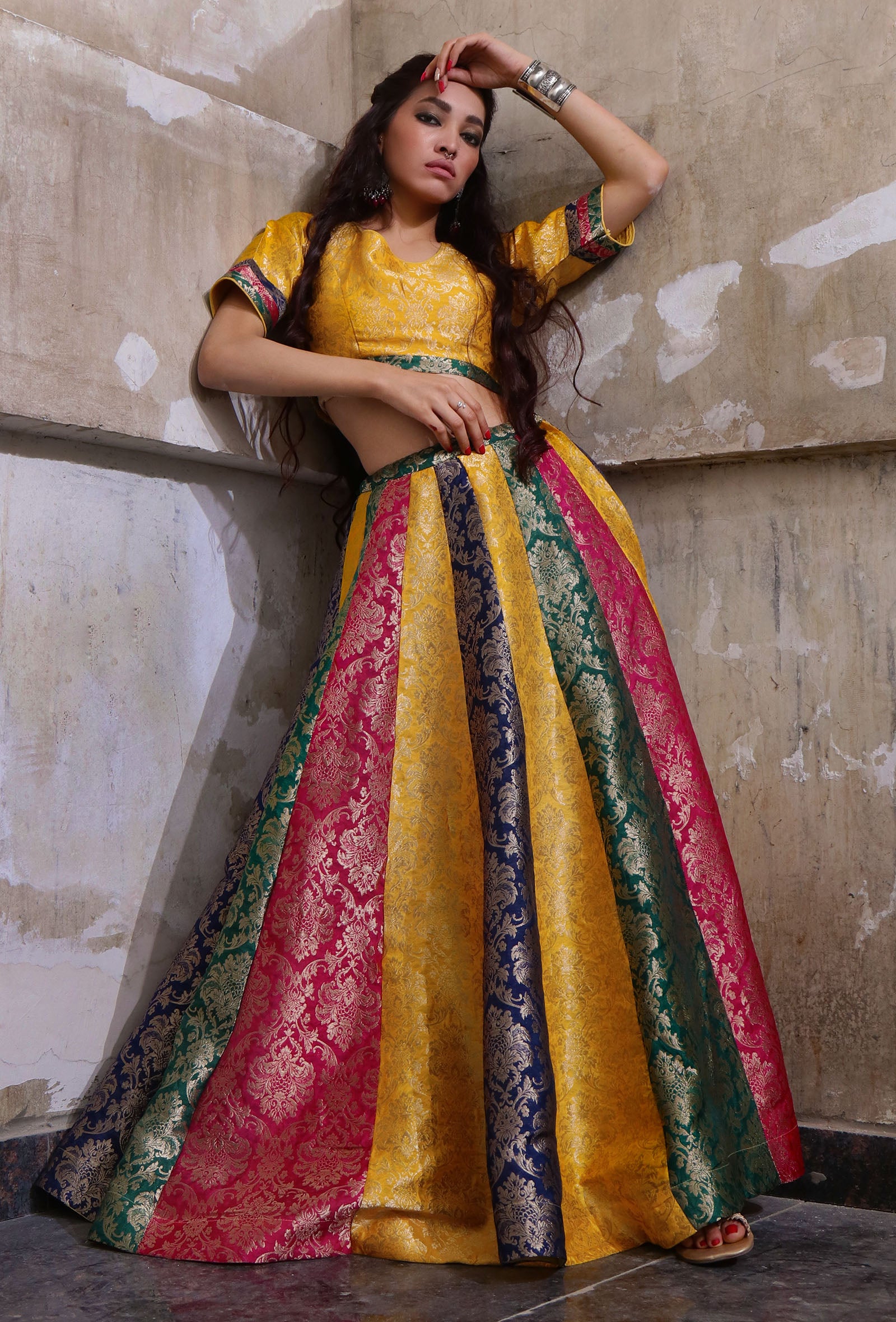 Set Of 2: Multicolor Banarasi Jacquard Crop Top & Kalidar Skirt