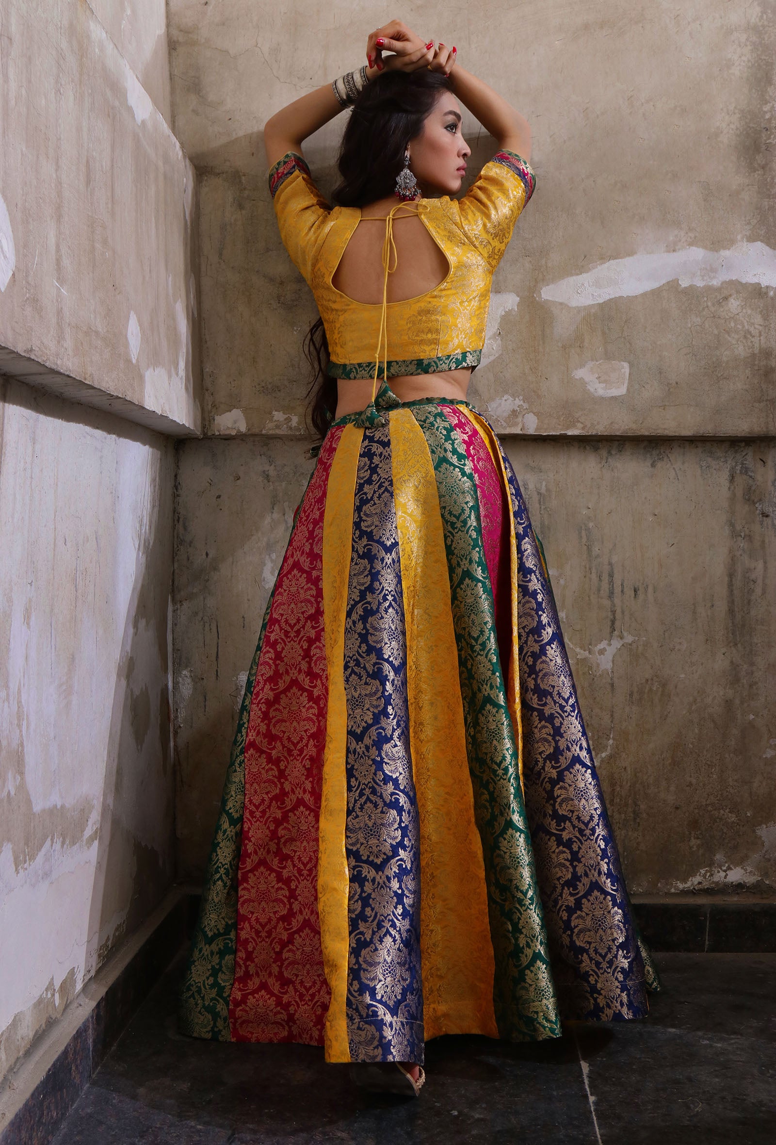 Set Of 2: Multicolor Banarasi Jacquard Crop Top & Kalidar Skirt