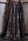 Royal Blue Banarasi Jacquard Box Pleat Flared Skirt With Tassels