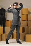 Set Of 2: Charcoal Grey Solid Linen Belted Trench Coat & Formal Pants