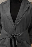Set Of 2: Charcoal Grey Solid Linen Belted Trench Coat & Formal Pants