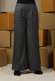 Charcoal Grey Solid Linen Wide Leg Formal Pants With Pockets