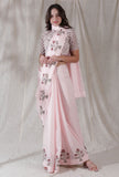 Set of 2- Lemonade pink kota cotton blockprinted blouse with kota cotton blockprinted saree
