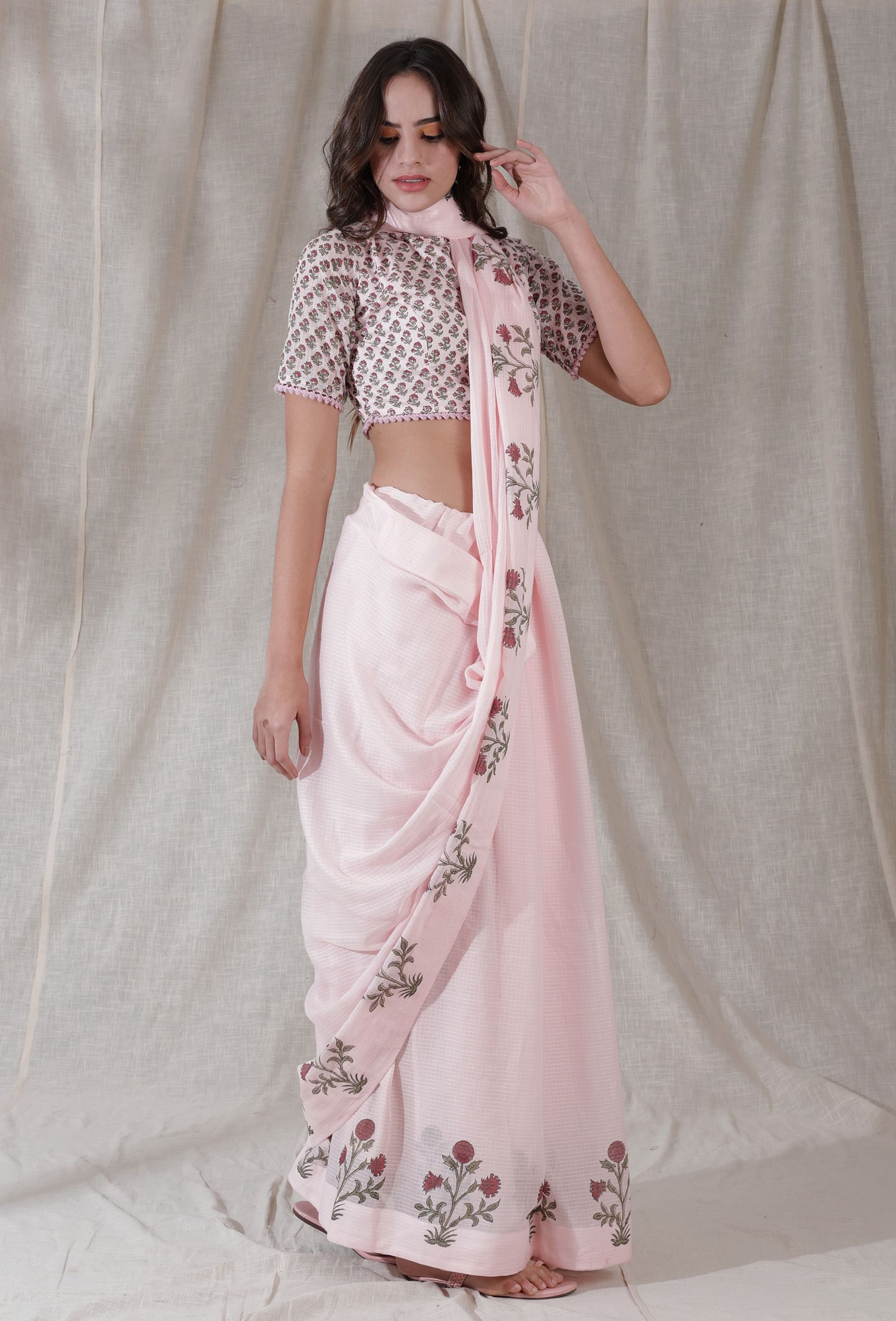 Lemonade pink color kota cotton florals blockprinted saree
