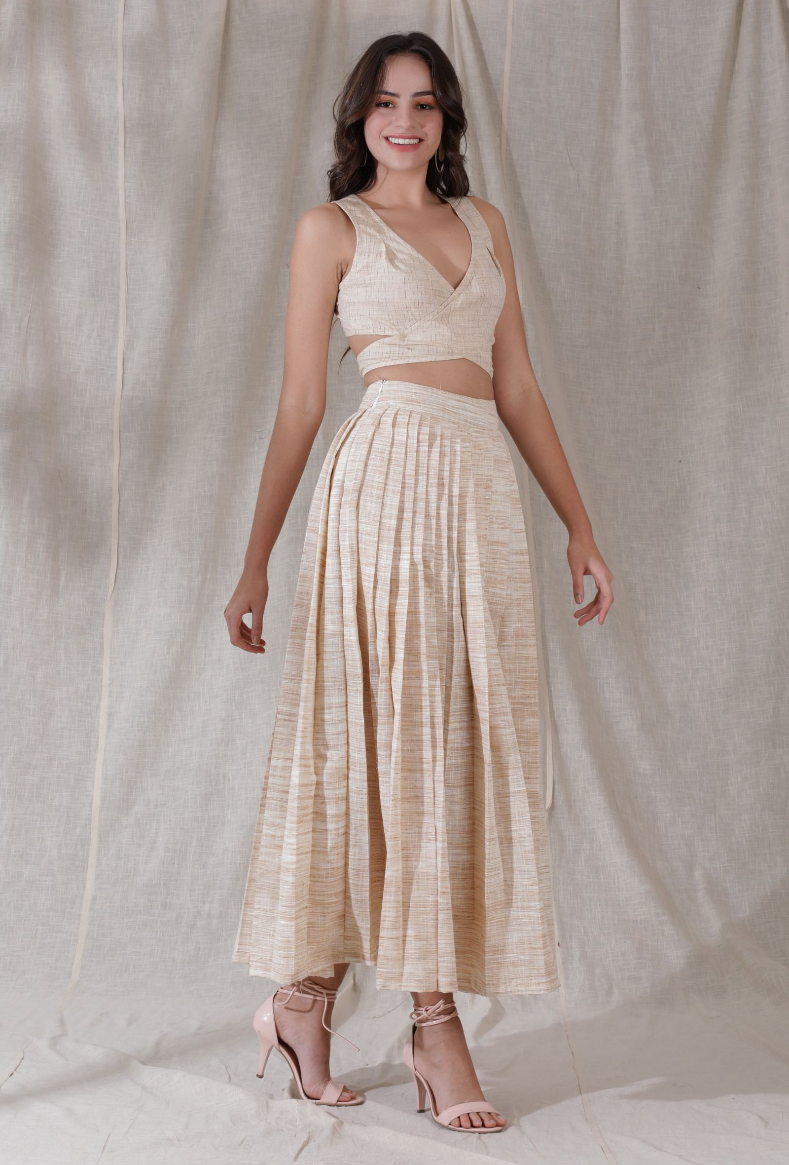 Set of 2- Ivory tan color khadi overlapped crop top with khadi pleated flared ankle length skirt