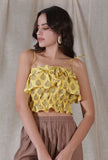 Set of 2- Yellow color cotton blockprinted crop top with cotton layer and tier flared high waist pant