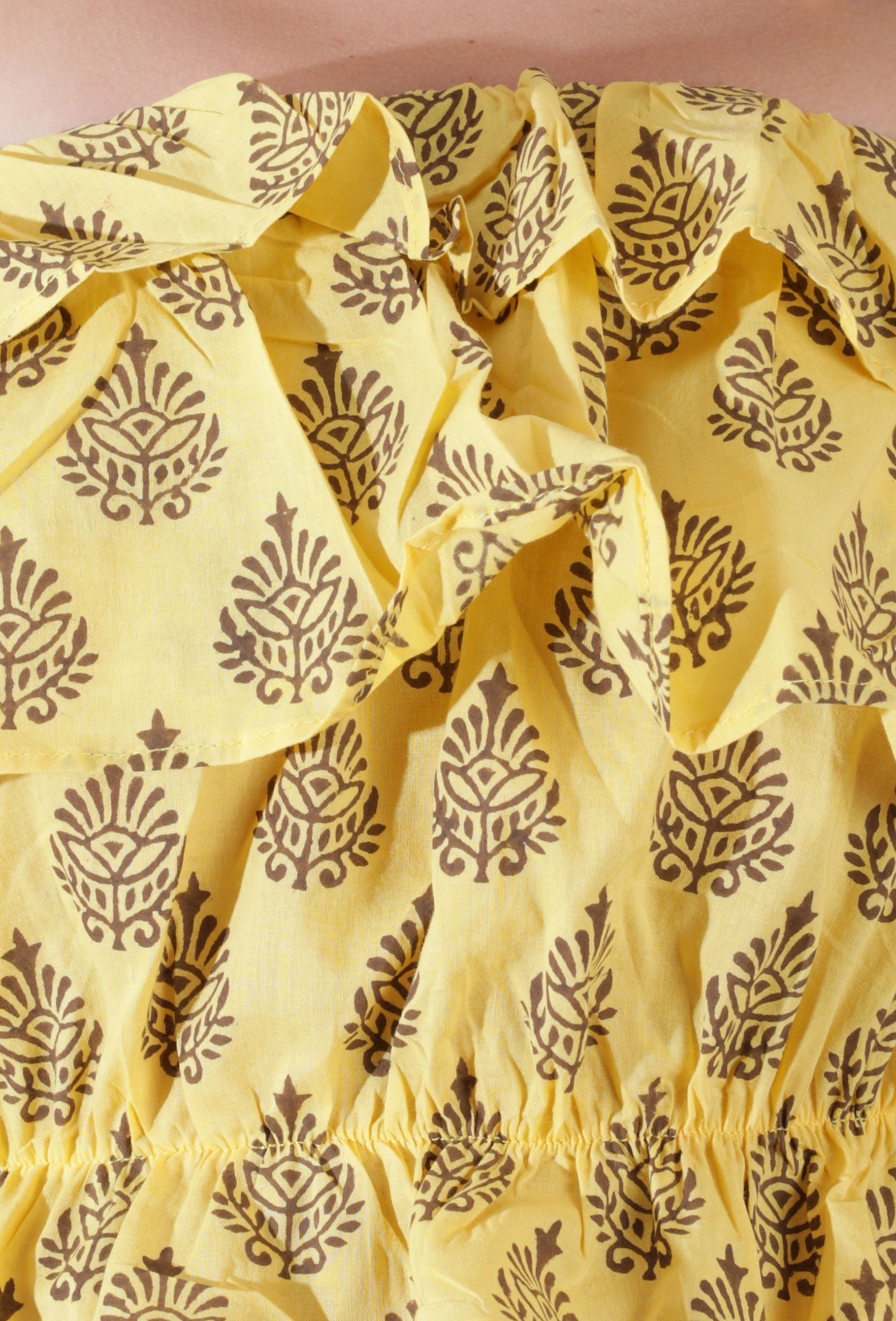 Set of 2- Yellow color cotton blockprinted crop top with cotton layer and tier flared high waist pant