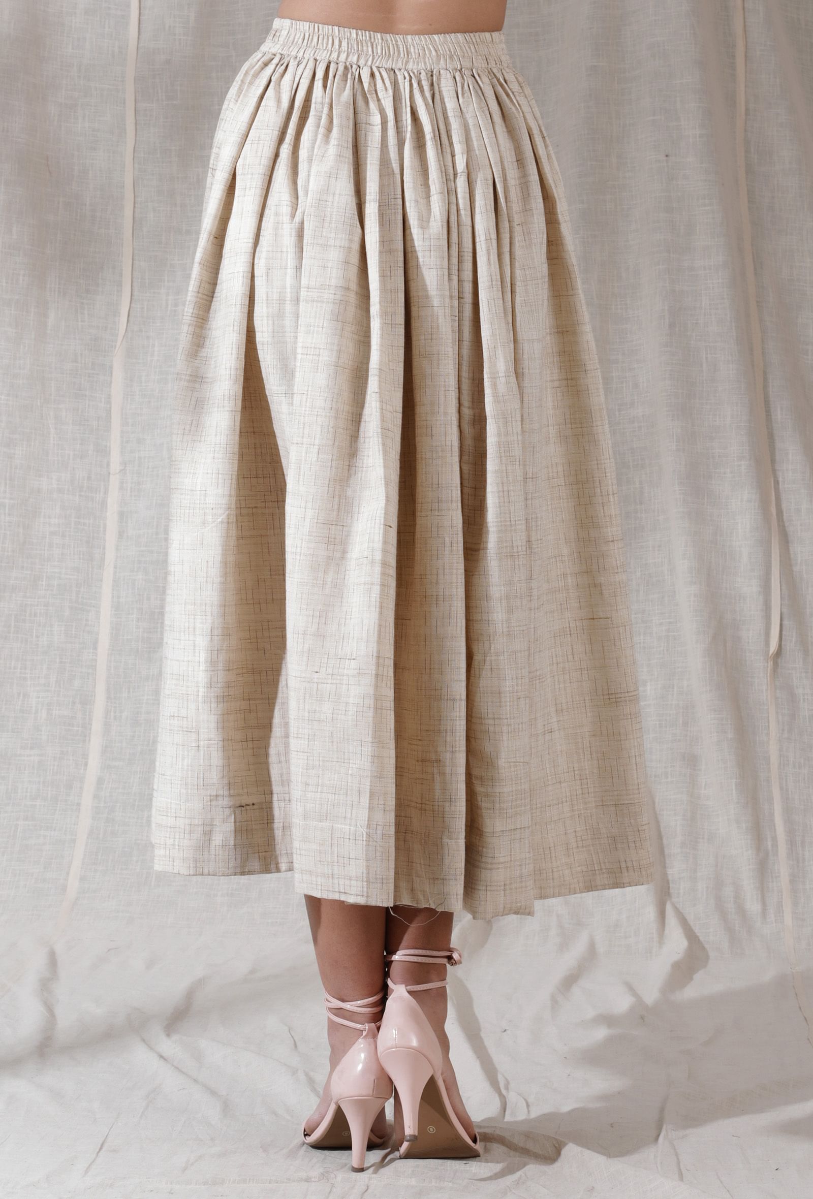 Ivory tan gathered and flared khadi calf length skirt