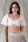 Baby pink color schiffli cotton, sweetheart neck, puffed sleeves bralette crop top