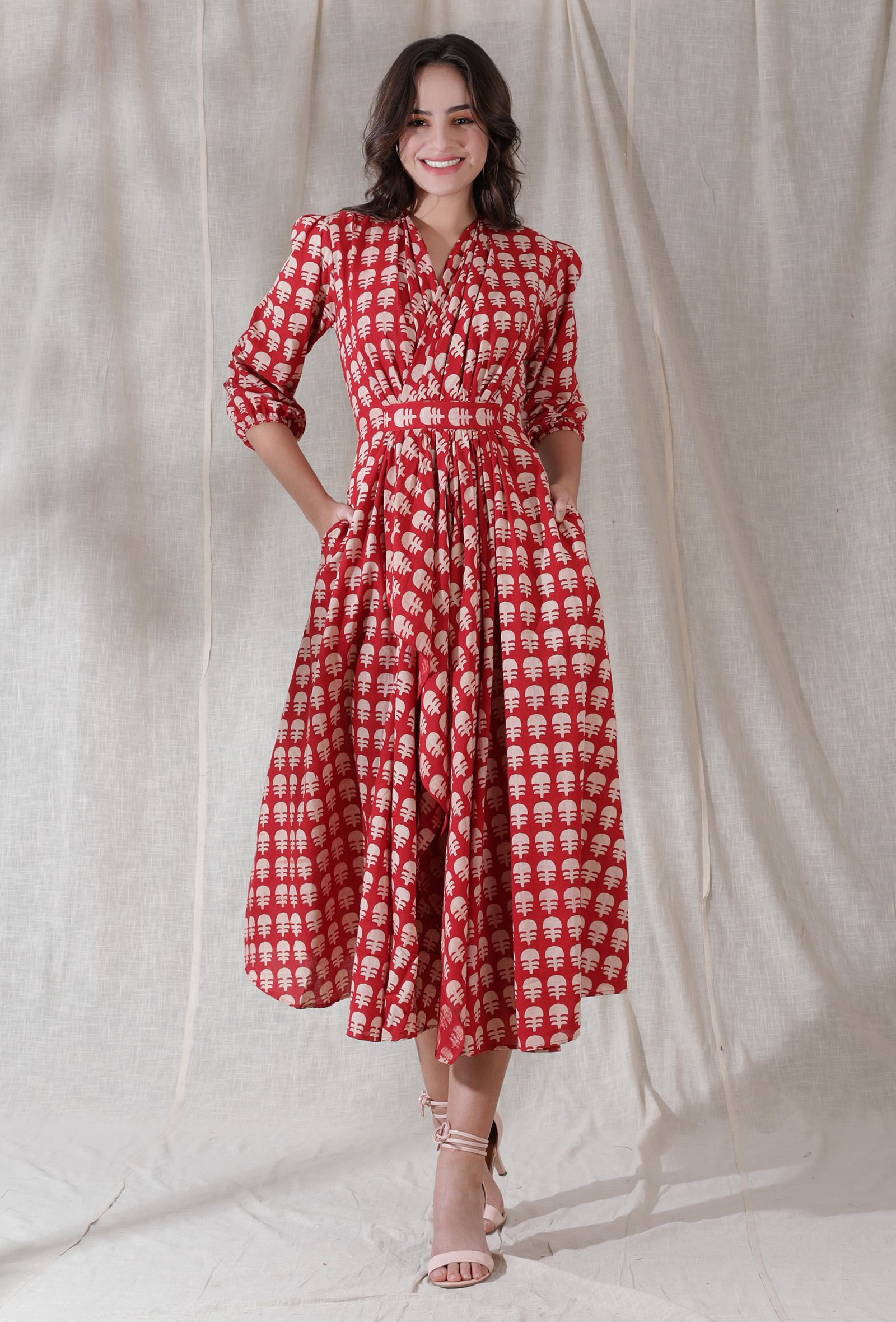 red pattern dress Apple red color cotton blockprinted draped flared dress red pattern dress Apple red color cotton blockprinted draped flared dress