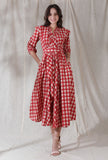 Apple red color cotton blockprinted draped flared dress