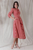 Apple red color cotton blockprinted draped flared dress