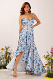 Serena Floral Chintz Fuffled Slitted Long Backless Dress