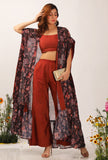 Set Of 3: Zoon Floral Chintz Front Open Cape With Rust Strappy Blouse & Palazzo Pants