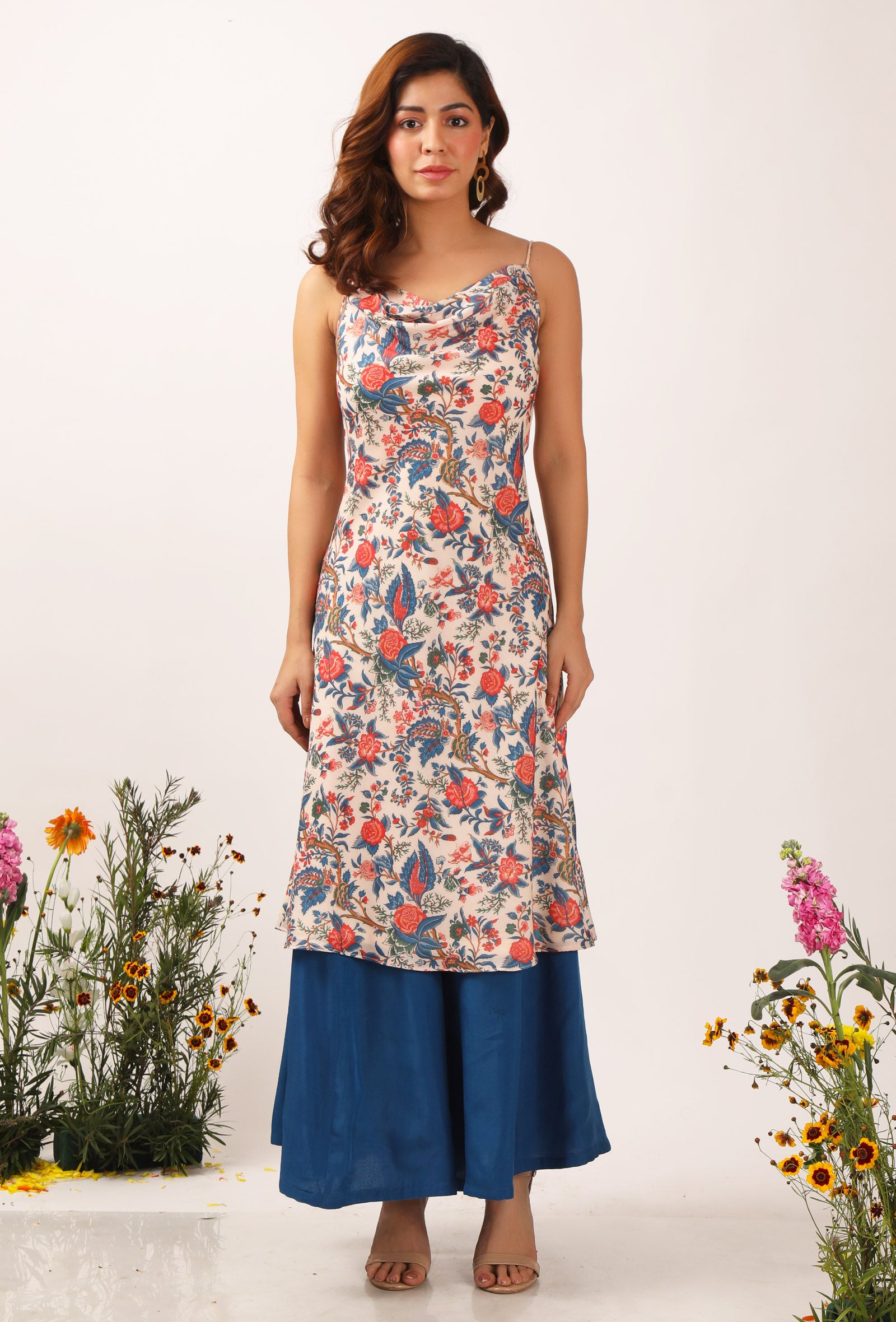 Set Of 2 Bella Floral Chintz Cowl Neck Kurta Dress With Organza Pallazo Pants
