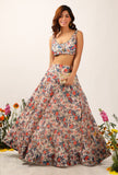 Set Of 3: Bella Floral Chintz Blouse With Lehanga Skirt & Organza Ruffled Dupatta
