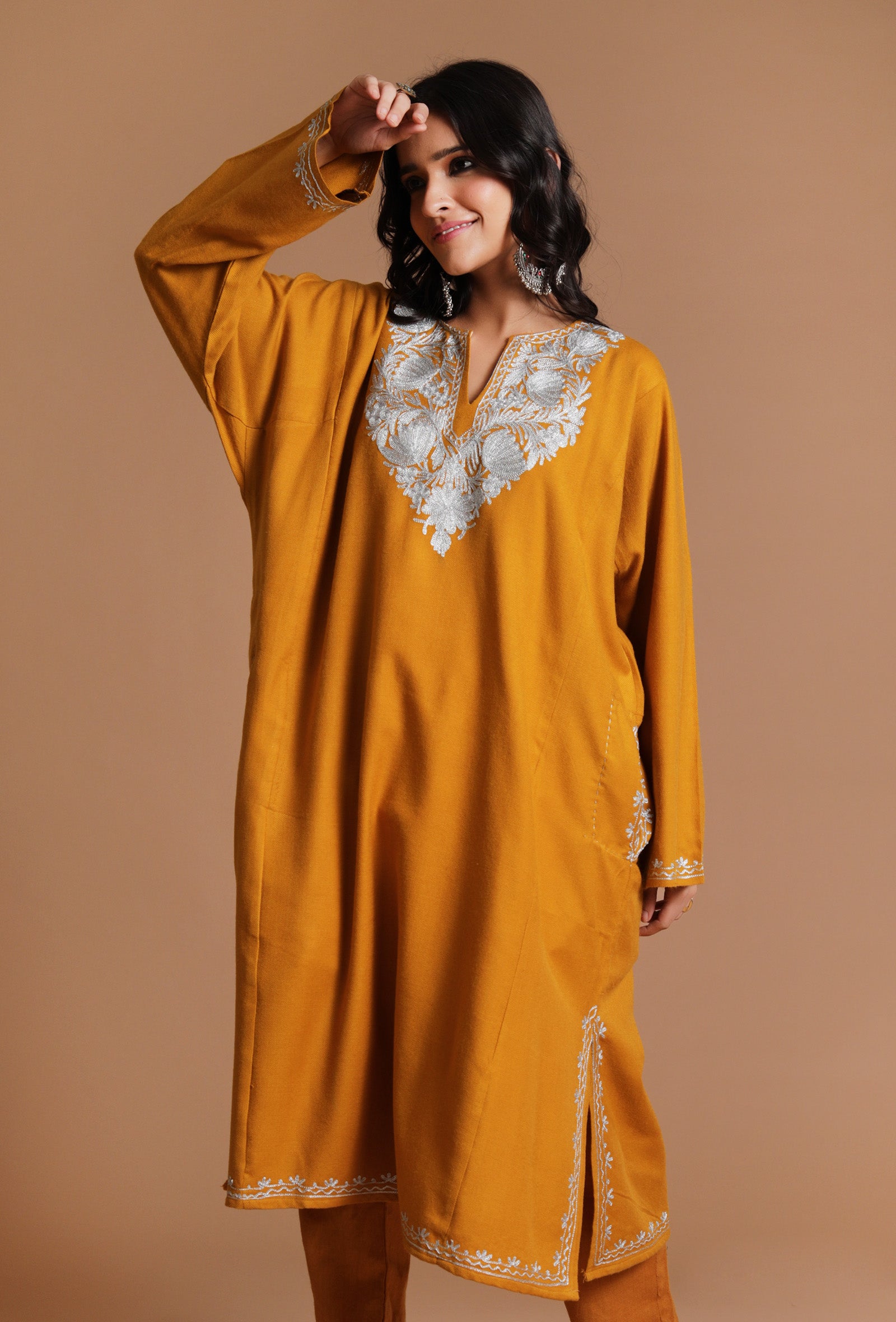 Orange Gold Aari Embroidered Kashmiri Phiran-Free Size