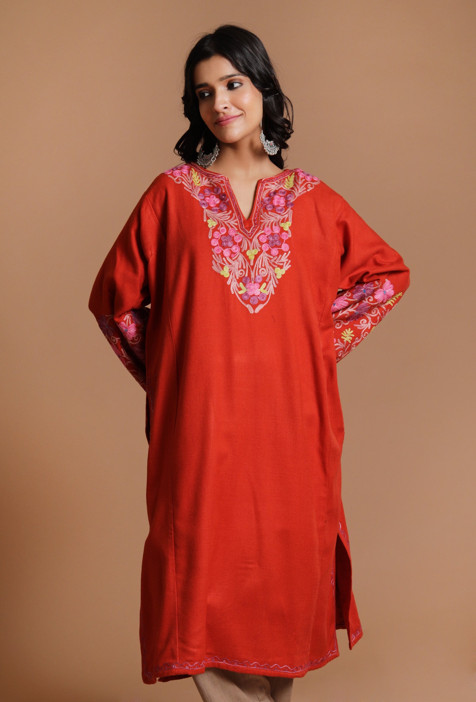 Persian Red Aari Embroidered Kashmiri Phiran-Free Size