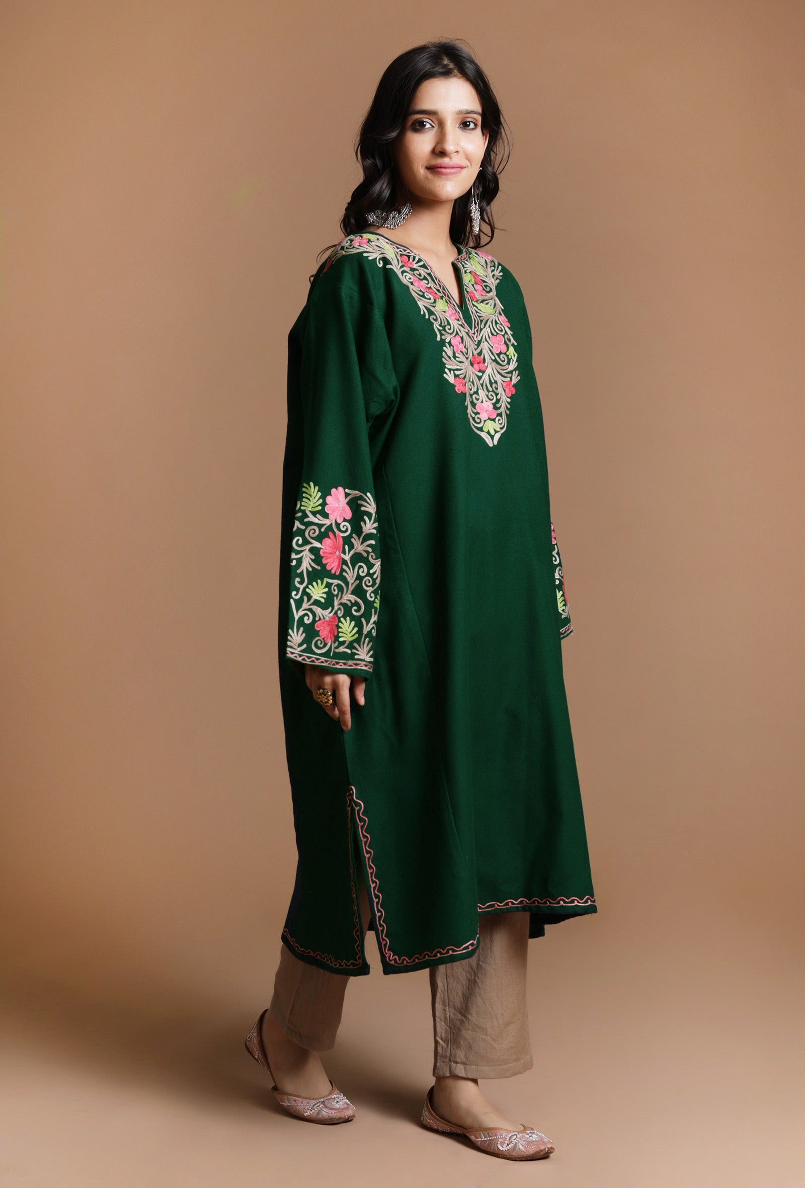 Phthalo Green Aari Embroidered Kashmiri Phiran-Free Size