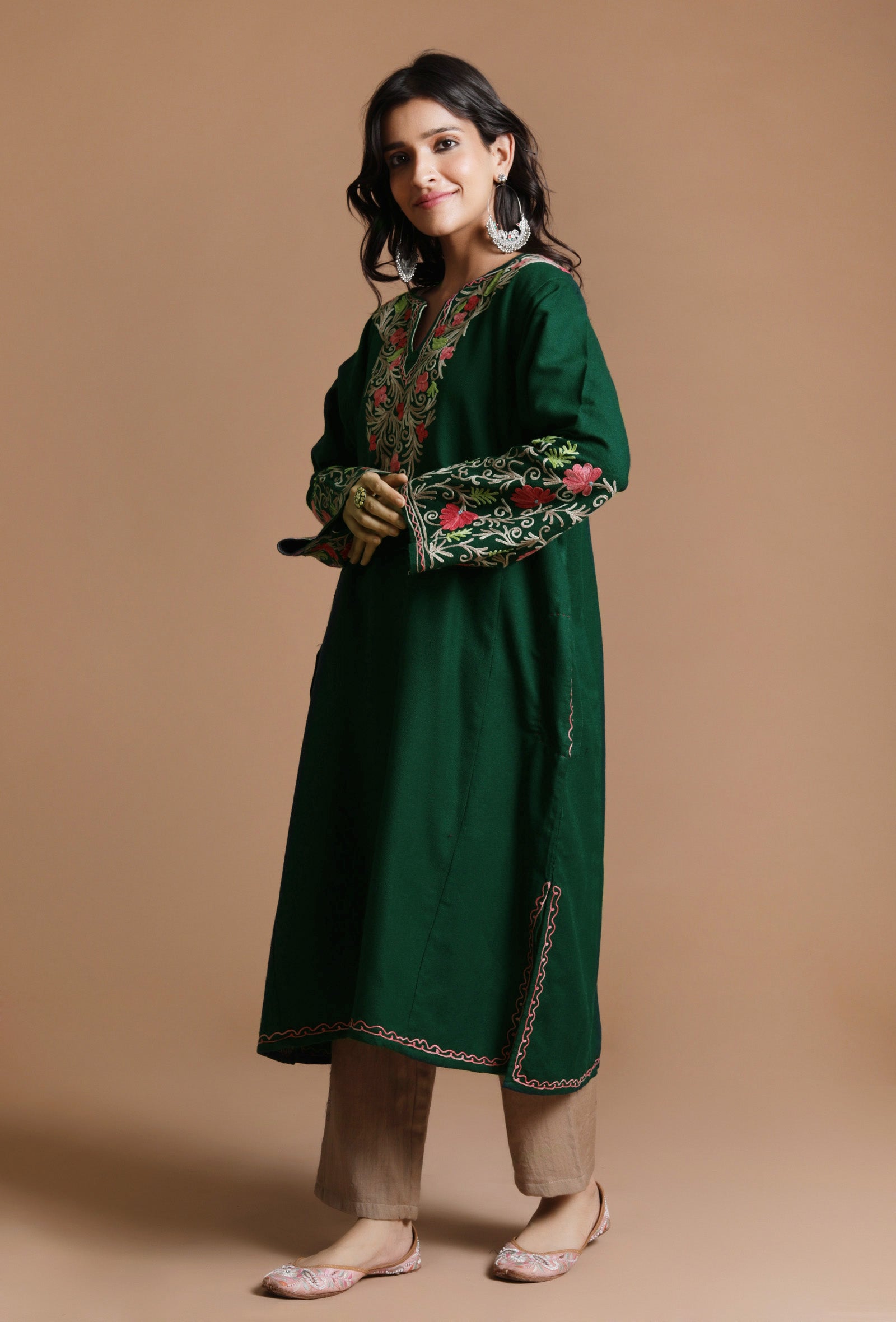 Phthalo Green Aari Embroidered Kashmiri Phiran-Free Size