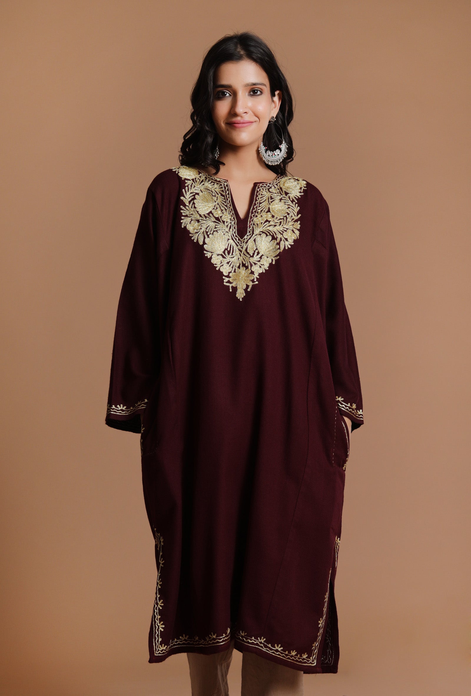 Dark Sienna Aari Embroidered Kashmiri Phiran-Free Size