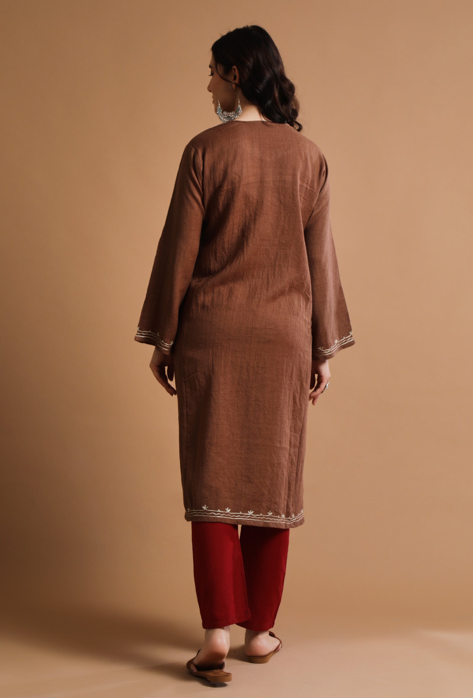 Sanguine Brown Kashmiri Sozni Embroidery Phiran-Free Size