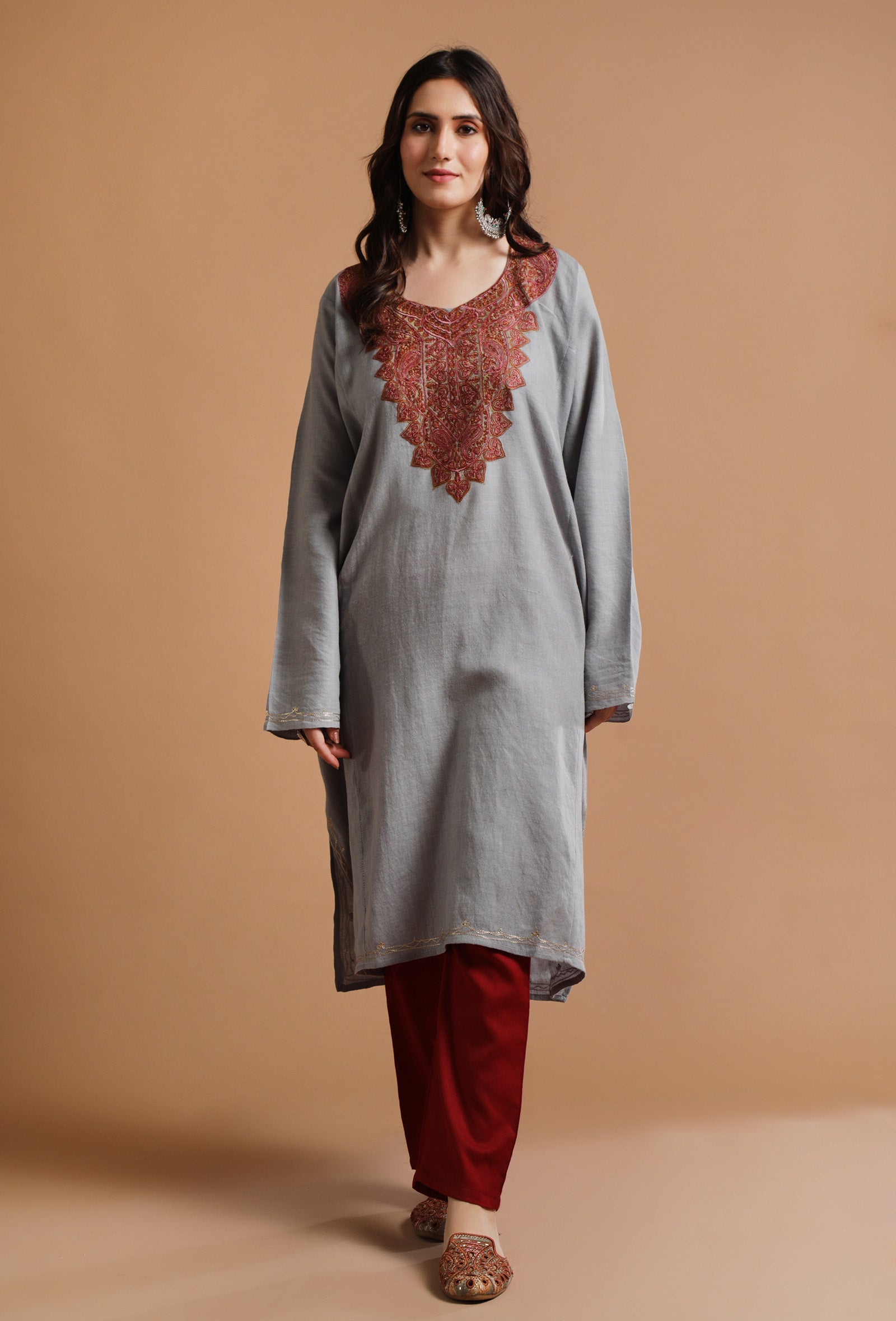 Regent Grey Kashmiri Sozni Embroidery Phiran-Free Size