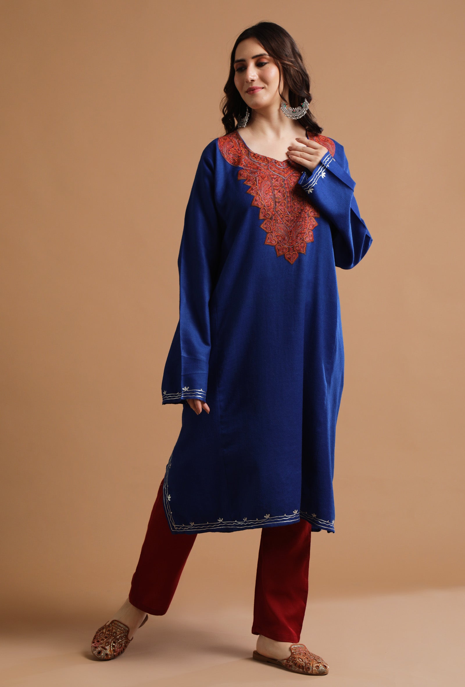 Catalina Blue Kashmiri Sozni Embroidery Phiran-Free Size