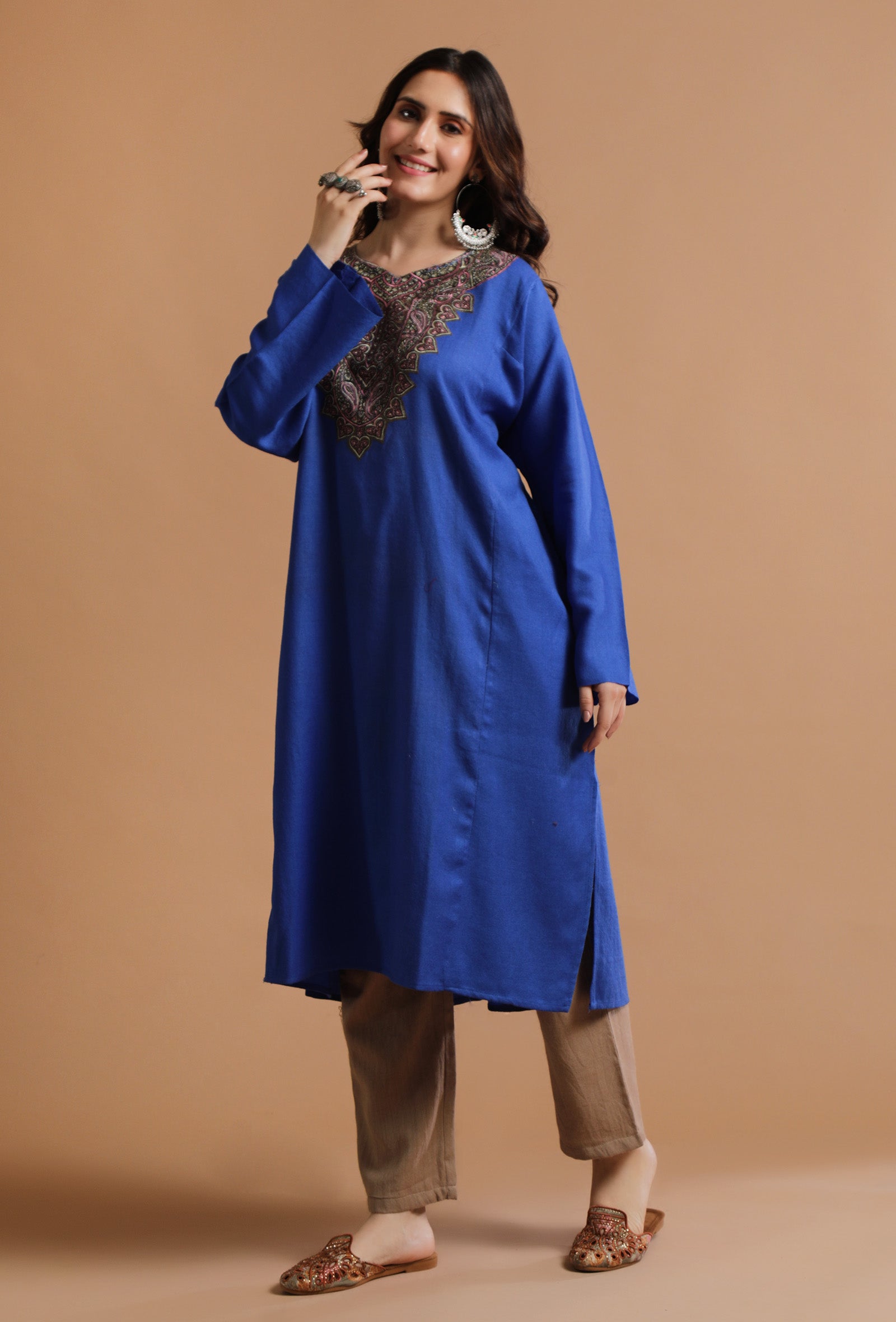 Sapphire Blue Kashmiri Sozni Embroidery Phiran-Free Size