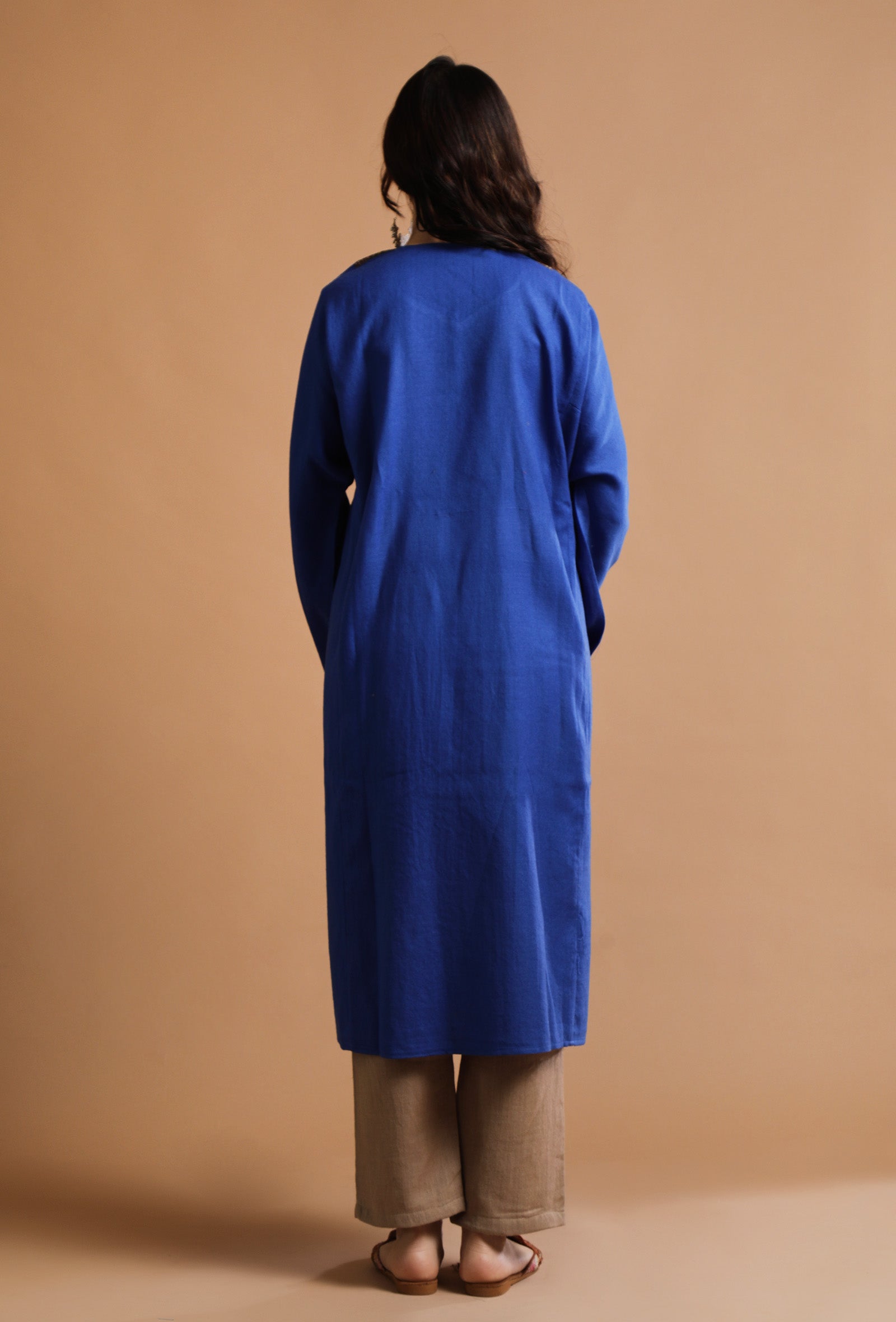 Sapphire Blue Kashmiri Sozni Embroidery Phiran-Free Size