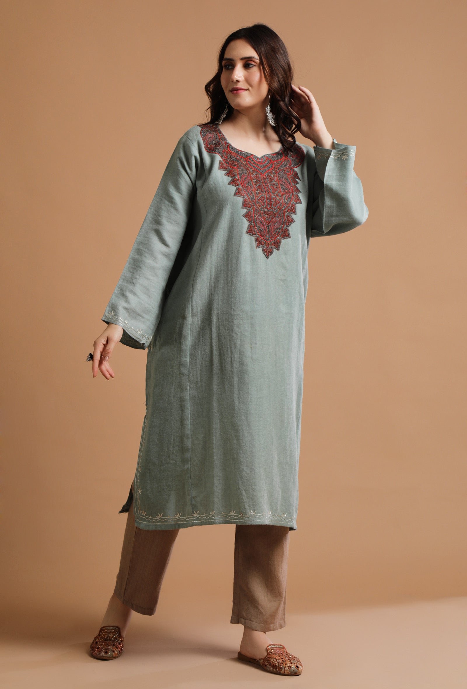 Warm Grey Kashmiri Sozni Embroidery Phiran-Free Size