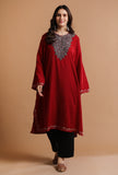 Red Kashmiri Sozni Embroidery Phiran-Free Size