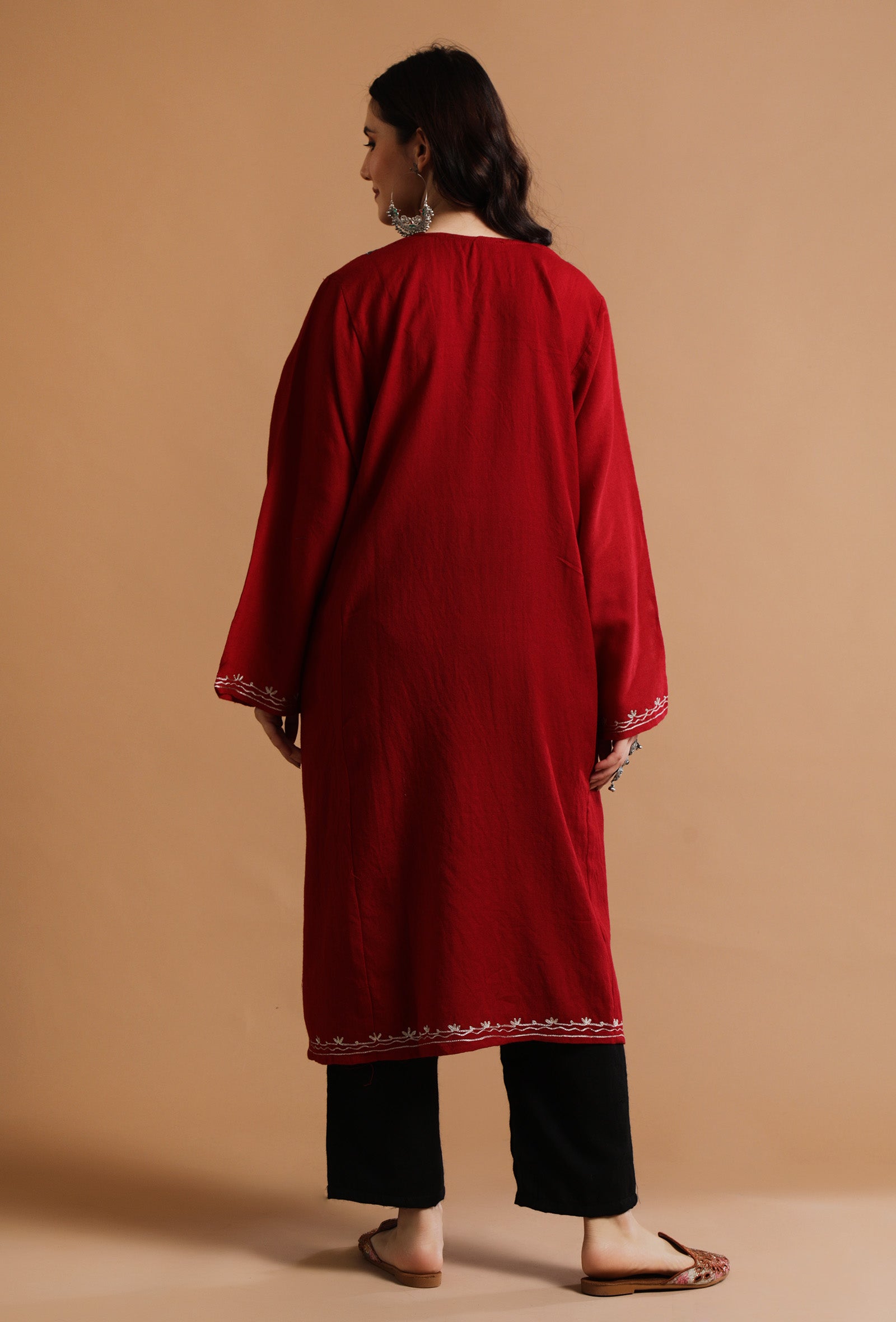 Red Kashmiri Sozni Embroidery Phiran-Free Size