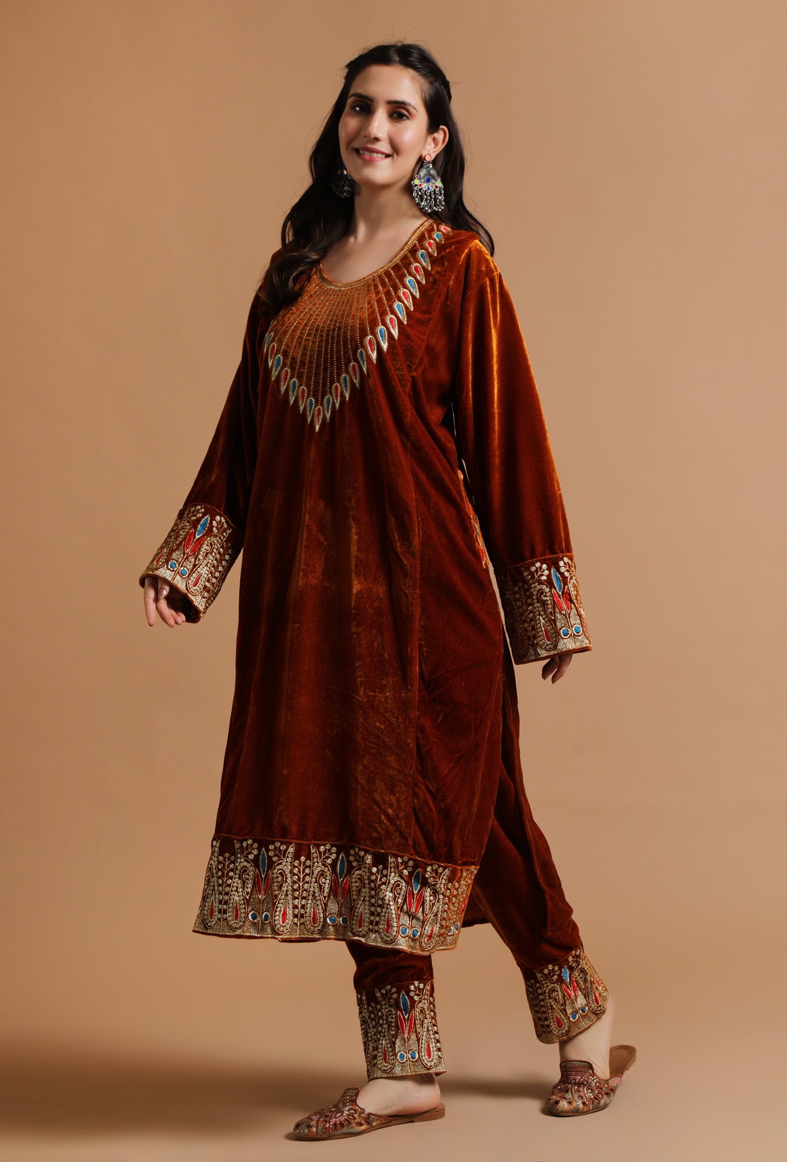 Set Of 3: Brown Red Kashmiri Tilla Embroidery Phiran With Pant and Dupatta-Free Size