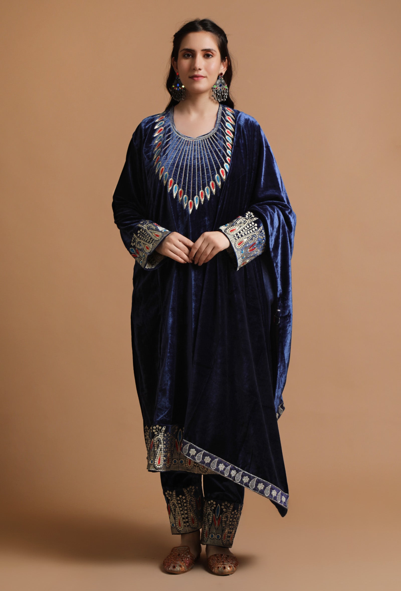 Set Of 3: Moody Blue Kashmiri Tilla Embroidery Phiran With Pant and Dupatta-Free Size